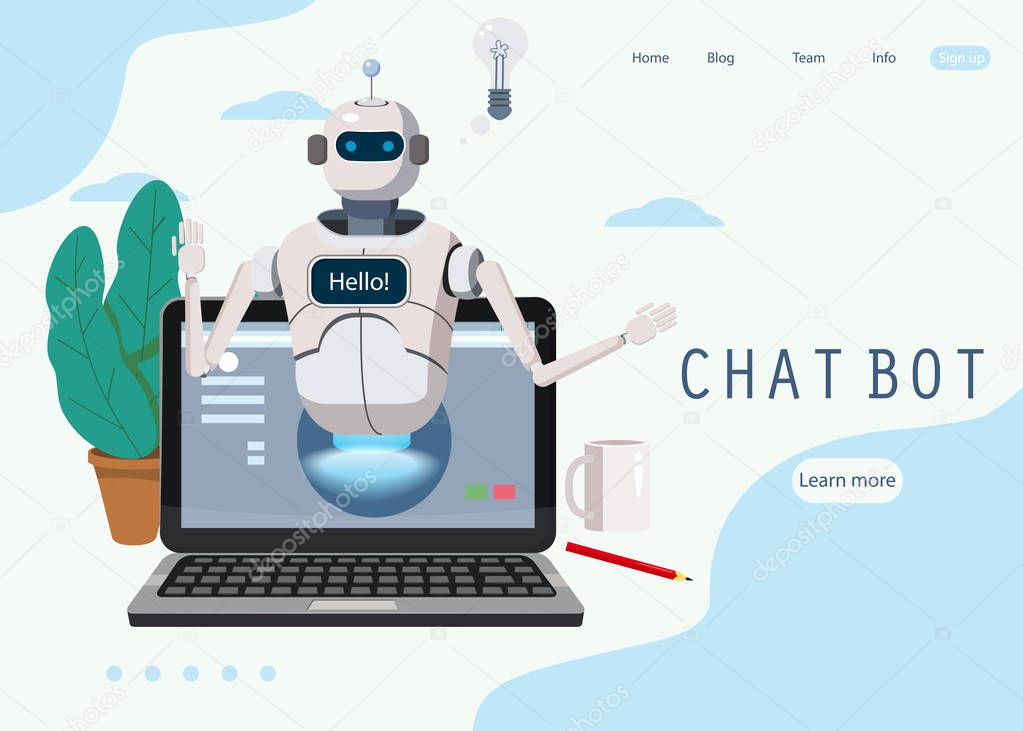 Free Chat Bot, Robot Virtual Assistance On Laptop Say Hello Concept Web Page Element Of Website Or Mobile Applications, Artificial Intelligence Concept Cartoon Vector Illustration