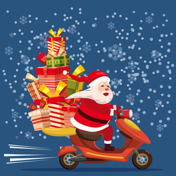 Счастливого Санта Клауса с коробкой подарков на скутере. Рождественский праздник тема дизайна элемента для поздравительных открыток, баннеров, объявлений в современном стиле мультфильма. Векторная люстрация — стоковый вектор