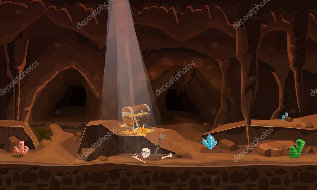 Treasure cave with chest gold coins, gems. Concept, art for computer game