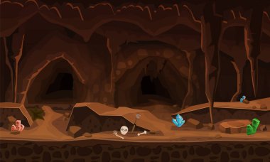 Kristalleri ile hazine Mağarası. Kavramı, sanat bilgisayar oyunu için. Oyunlar, apps, afiş, grafik kullanmak için arka plan görüntüsü. Vektör karikatür çizim