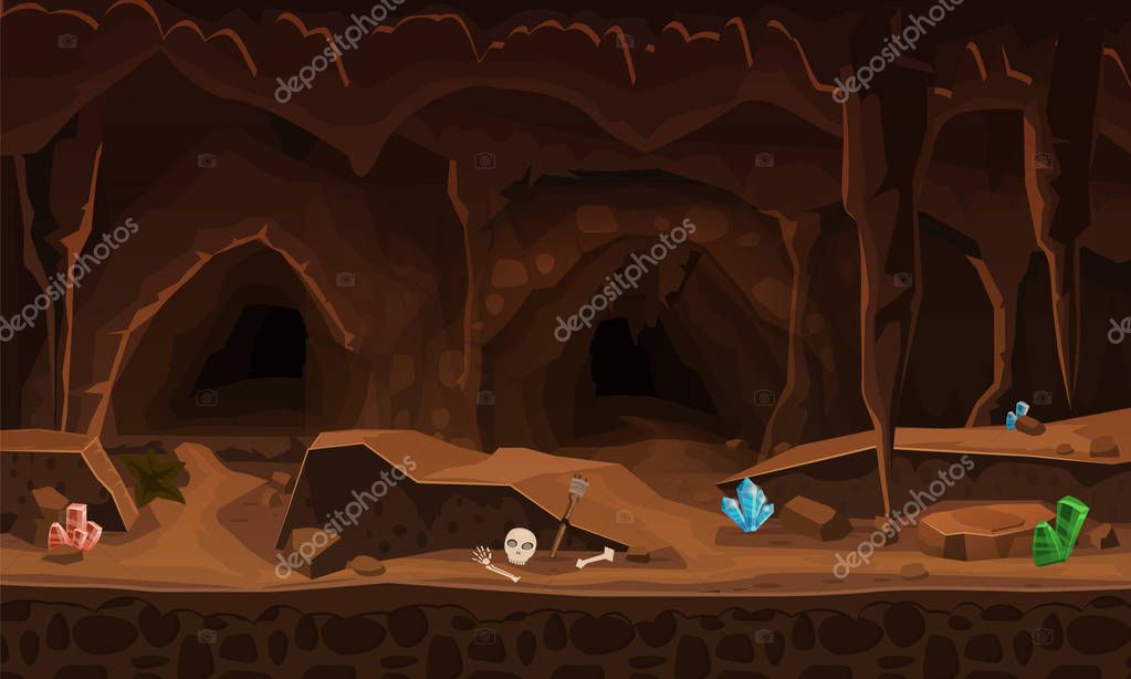 Treasure cave with crystals. Concept, art for computer game