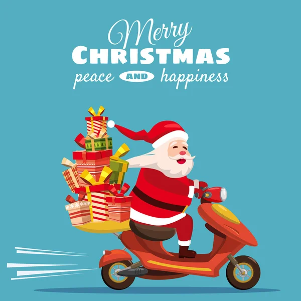 Feliz Navidad Feliz Papá Noel con una caja de regalos montando una scooter. Elemento de diseño de tema navideño para tarjetas de felicitación, pancartas, anuncios en estilo contemporáneo de dibujos animados. Lustración vectorial — Vector de stock