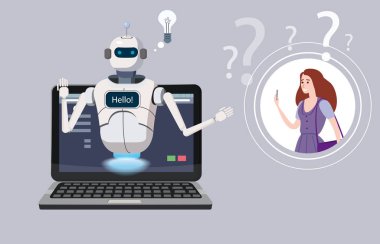 Bedava Chat Bot, Laptop Say Hello öğe Web sitesi veya mobil uygulamalar, yapay zeka kavramı karikatür vektör çizim Office arka plan üzerinde Robot sanal yardım