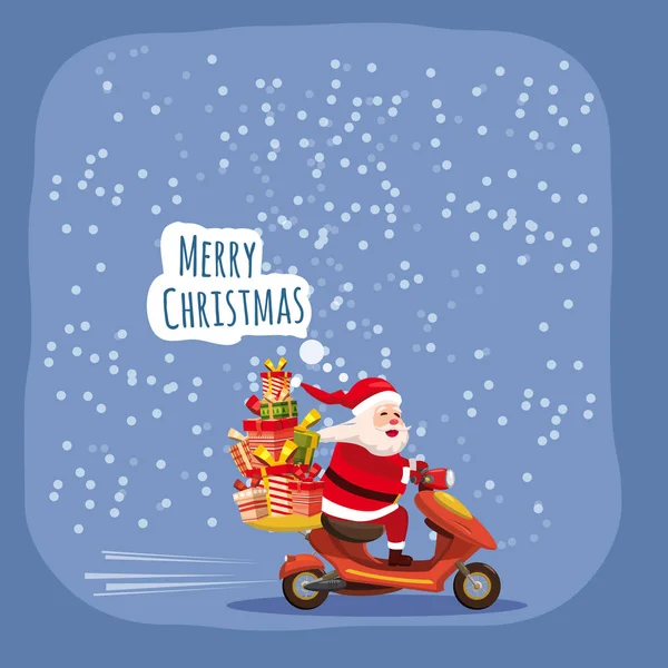 Счастливого Рождества счастливого Санта-Клауса с коробкой подарков на скутере. Рождественский праздник тема дизайна элемента для поздравительных открыток, баннеров, объявлений в современном стиле мультфильма. Векторная люстрация — стоковый вектор