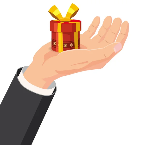 La mano que sostiene la caja, regalo. Estilo de dibujos animados. El concepto de entrega, victoria, vacaciones de Navidad, cumpleaños, compromiso, boda. Vector, ilustración, aislado — Vector de stock