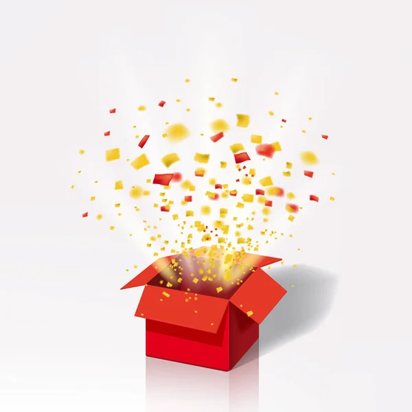 Öppen röd presentbox och färg konfetti. Ljusa strålar. Vektorillustration. Isolerad, mall Baner, affisch — Stock vektor