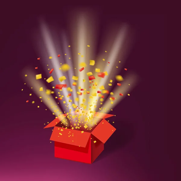 Nyitott piros ajándék doboz és színes konfetti. Fényes napsugarak. Vektoros illusztráció. Elszigetelt, sablon Baner, poszter — Stock Vector
