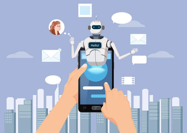 Händerna håller Smartphone gratis Chat Bot, Robot virtuella bistånd på Smartphone säga hej Element av webbplats eller mobila applikationer, artificiell intelligens Concept Cartoon vektorillustration — Stock vektor