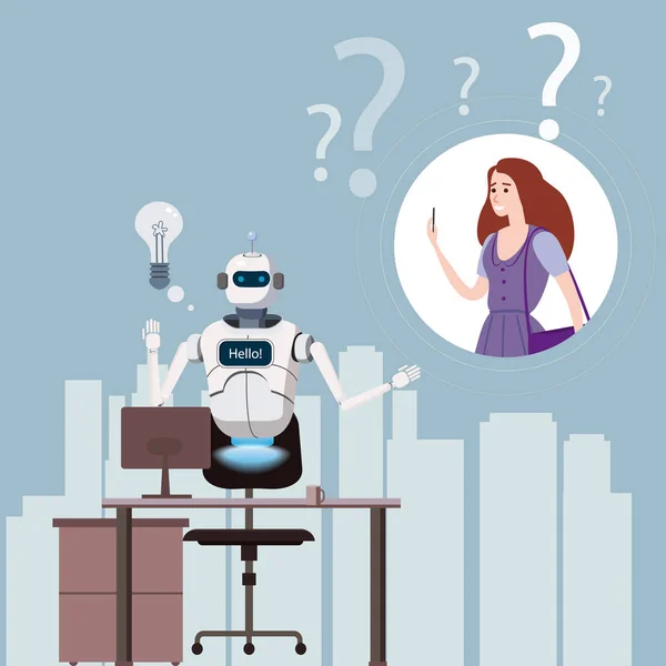 Free Chat Bot, Robot di assistenza virtuale sul computer portatile dire ciao elemento del sito web o applicazioni mobili, Artificial Intelligence Concept Cartoon Vector Illustration Office sfondo — Vettoriale Stock