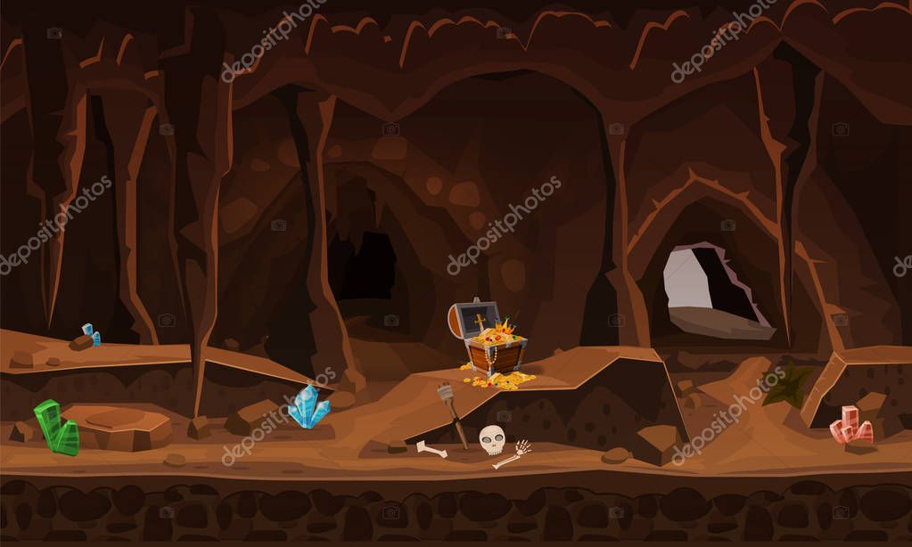 Treasure cave with chest gold coins, gems. Concept, art for computer game