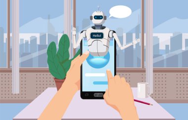 Smartphone ücretsiz sohbet Bot, Robot sanal yardım Smartphone Say Hello öğe Web sitesi veya mobil uygulamalar, yapay zeka kavramı karikatür vektör çizim üzerinde el ele tutuşur