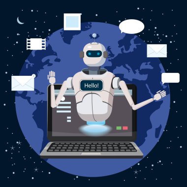 Bedava Chat Bot, Laptop Say Hello öğe Web sitesi veya mobil uygulamalar, yapay zeka kavramı karikatür vektör çizim Earth arka plan üzerinde Robot sanal yardım