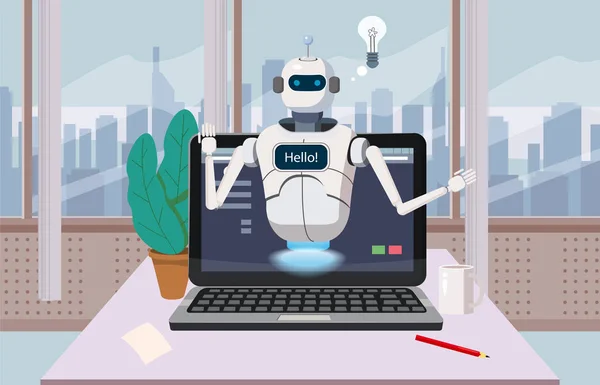 Bedava Chat Bot, Laptop Say Hello öğe Web sitesi veya mobil uygulamalar, yapay zeka kavramı karikatür vektör çizim Office arka plan üzerinde Robot sanal yardım