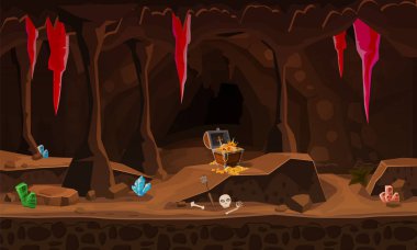 Hazine Mağarası göğüs altın lira, değerli taşlar, kristaller. Kavramı, sanat bilgisayar oyunu için. Oyunlar, apps, afiş, grafik kullanmak için arka plan görüntüsü. Vektör karikatür çizim