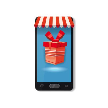 Mobil Online mağaza konsepti. Smartphone, tatil kırmızı hediye kutusu. Vektör illüstrasyon iş tasarımı. Elektronik online alışveriş Pazar. Dijital pazarlama. Poster, baner, şablon