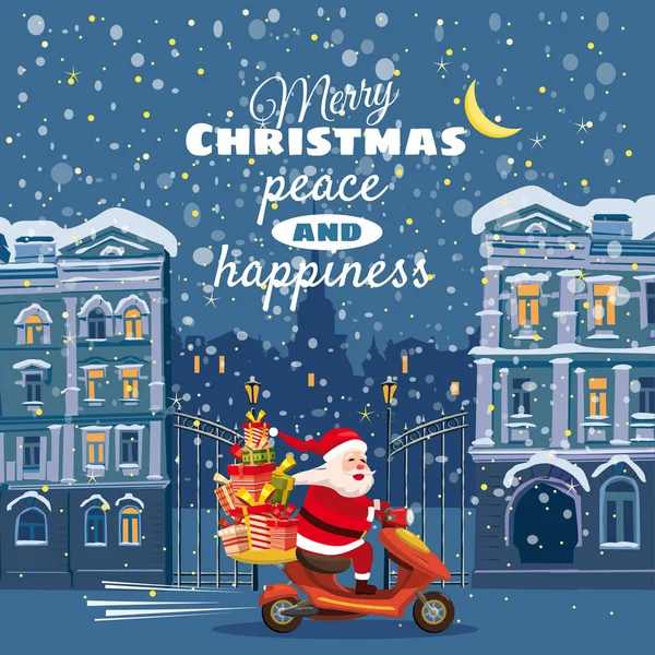 Feliz Navidad y Feliz Año Nuevo, Feliz Santa Claus con una caja de regalos montando un scooter. Fondo de invierno, ciudad nocturna, nieve. Elemento de diseño de tema navideño para tarjetas de felicitación, banners, anuncios en — Vector de stock