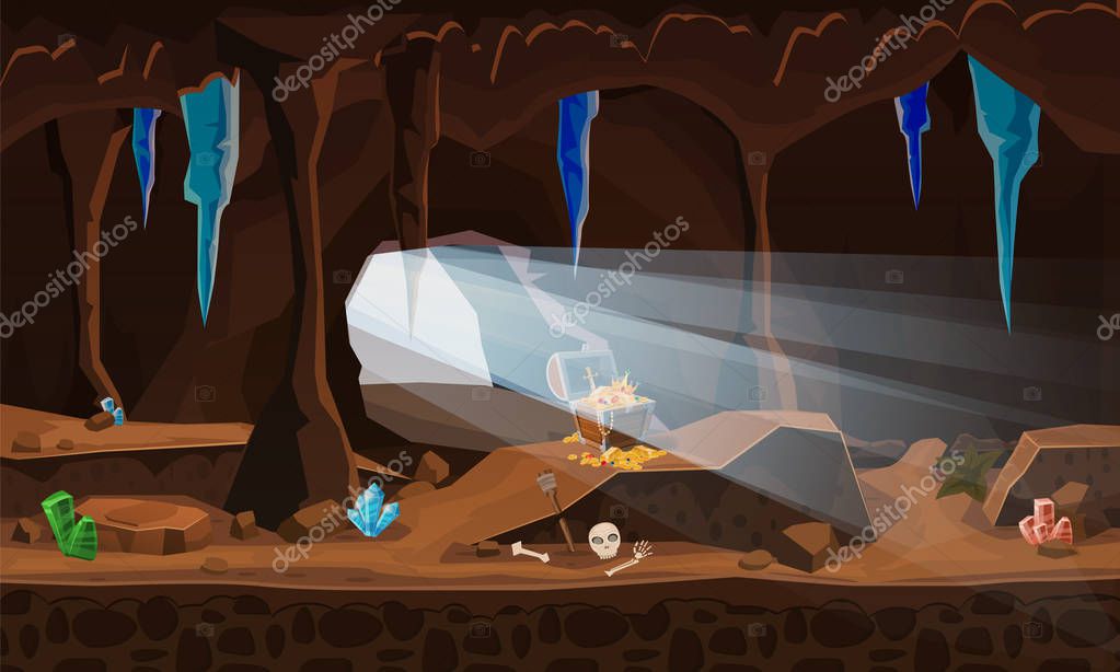 Treasure cave with chest gold coins, gems, crystals. Concept, art for computer game