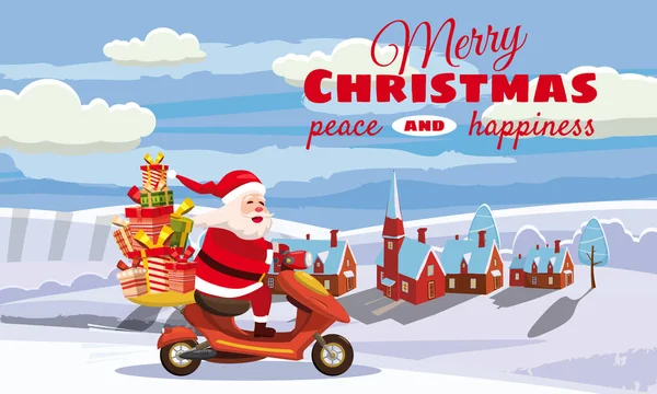 С Рождеством и с Новым годом, счастливый Санта-Клаус с подарком коробка верхом на скутере. Зимний пейзаж, город, снег. Элемент дизайна рождественских праздников для поздравительных открыток, баннеров — стоковый вектор