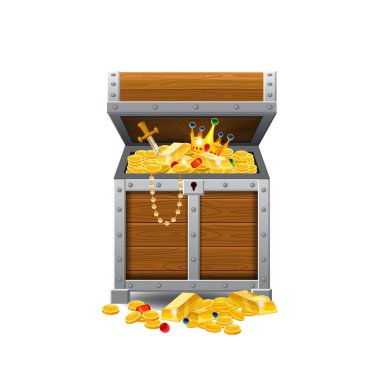 Ahşap eski korsan sandıklar, hazineleri, altın, hazineleri, vektör, dolu izole stil, illüstrasyon, karikatür. Uygulamalar için Oyunlar, reklam