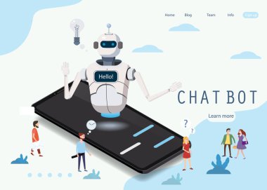İzometrik bilim Chat bot, smartphone kavramı. Yapay zeka, bilgi uzmanlık istihbarat bilgi edinin. Web sayfası öğesi, Web sitesi veya cep Applicationstechnology ve mühendislik. Online