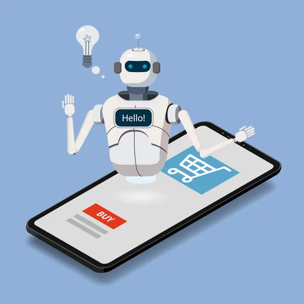 Isomric Science Chat bot, concetto di smartphone. Negozio on line, shopping, assistenza, vendita, e-commerce. Intelligenza Artificiale, Conoscenza Competenza Intelligenza Imparare. Elemento di pagina Web del sito Web o — Vettoriale Stock