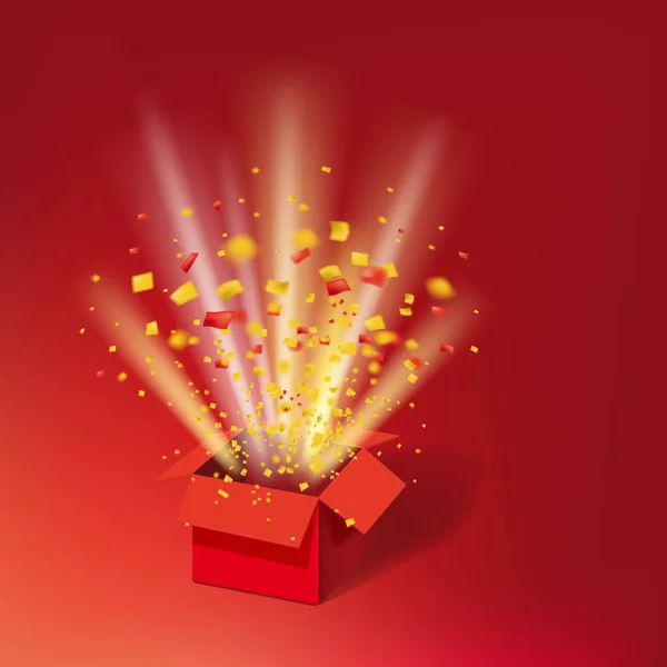 Deschide Red Gift Box și Color Confetti. Bright Rays. Ilustraţie vectorială. Izolat, Baner șablon, Poster — Vector de stoc