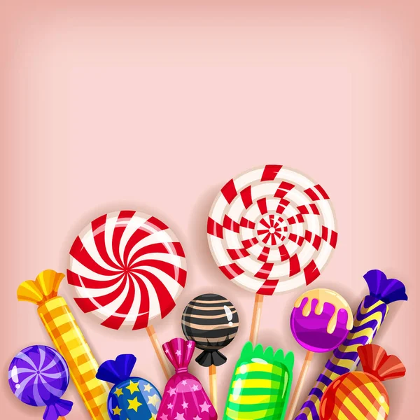 Sablon különböző édességek színes háttér. Állítsa be a nyalókák, cukorka dragee, borsmenta, macarons, csokoládé, karamell. Vektor, elszigetelt, illusztráció — Stock Vector