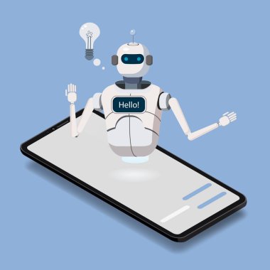 İzometrik bilim Chat bot, smartphone kavramı. Yapay zeka, bilgi uzmanlık istihbarat bilgi edinin. Web sayfası öğesi, Web sitesi veya cep Applicationstechnology ve mühendislik. Online