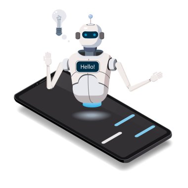 İzometrik bilim Chat bot, smartphone kavramı. Satır mağaza, alışveriş, Yardımcısı, satış, e-ticaret üzerinde. Yapay zeka, bilgi uzmanlık istihbarat bilgi edinin. Sayfa öğesinin Web sitesinin web veya