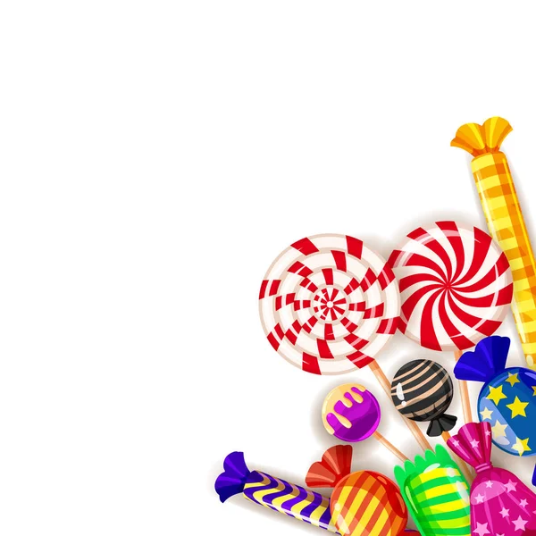 Plantilla de diferentes dulces fondo colorido. Set de piruletas, caramelos dragee, menta, macarrones, chocolate, caramelo. Vector, aislado, ilustración — Vector de stock