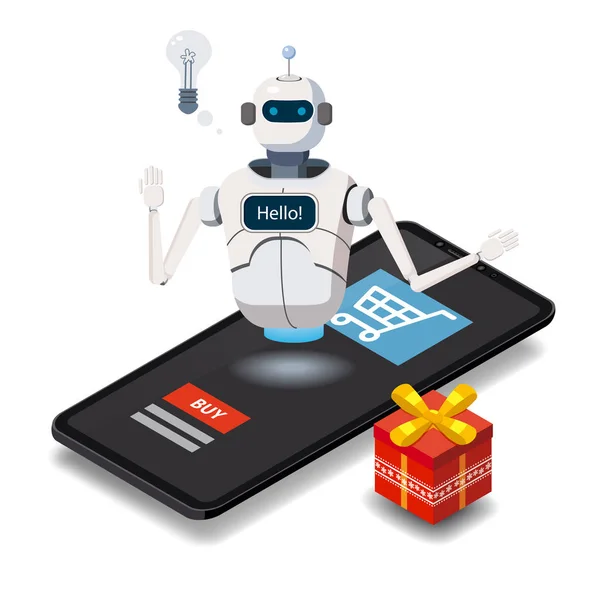 Isomric Science Chat bot, concetto di smartphone. Negozio on line, shopping, assistenza, vendita, e-commerce. Intelligenza Artificiale, Conoscenza Competenza Intelligenza Imparare. Elemento di pagina Web del sito Web o — Vettoriale Stock