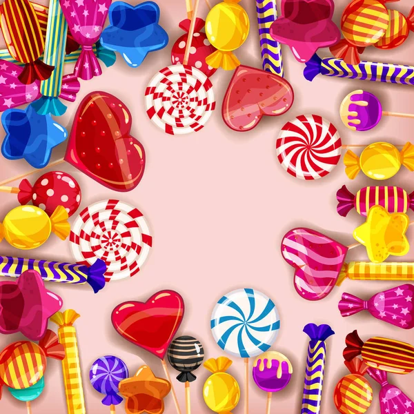 Conjunto de fondo de caramelo de diferentes colores de dulces, dulces, dulces, caramelos, frijoles de jalea. Plantilla, cartel, bandera, vector, aislado, estilo de dibujos animados — Vector de stock