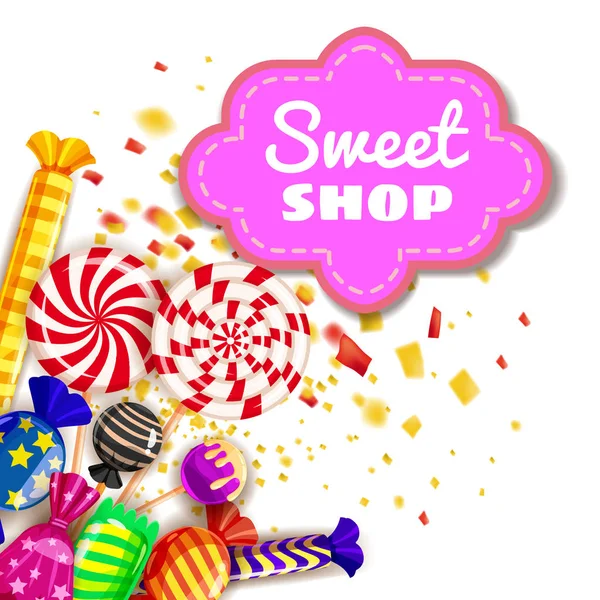 Candy Sweet Shop фоновый набор различных цветов конфет, конфет, сладостей, конфет, мармеладки. Взрыв конфетти, лучи света, праздники, Рождество. Шаблон, плакат, баннер, вектор — стоковый вектор