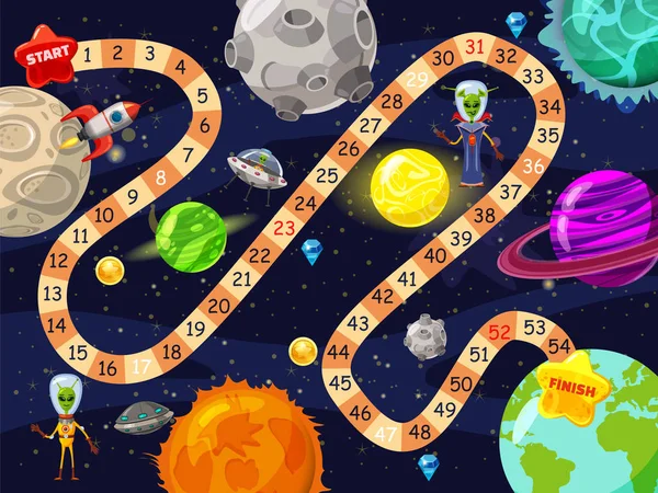 Space Brettspiel Vektor Illustration. Raketen Ufo und Aliens im Weltraum Brettspiel Strategie-Kind-Cartoon-Design-Vorlage oder Renntabletop-Spiel mit Würfeln zu starten und zu beenden Route in Weltraum-Planeten — Stockvektor