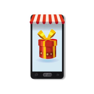 Mobil Online mağaza konsepti. Smartphone, tatil kırmızı hediye kutusu. Vektör illüstrasyon iş tasarımı. Elektronik online alışveriş Pazar. Dijital pazarlama. Poster, baner, şablon
