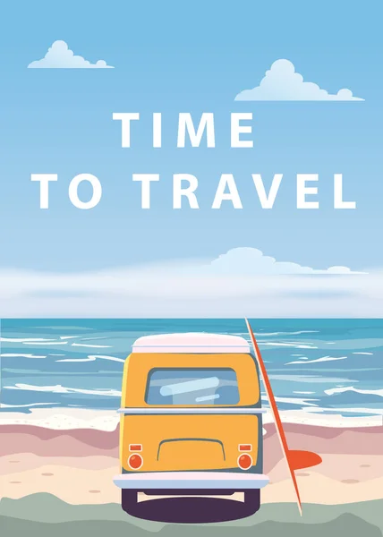 Travel, trip vector illustration. Ocean, sea, seascape. Surfing van, bus on beach. Summer holidays. Ocean background on road trip, retro, vintage. Tourism concept, cartoon style, isolated — Stock Vector