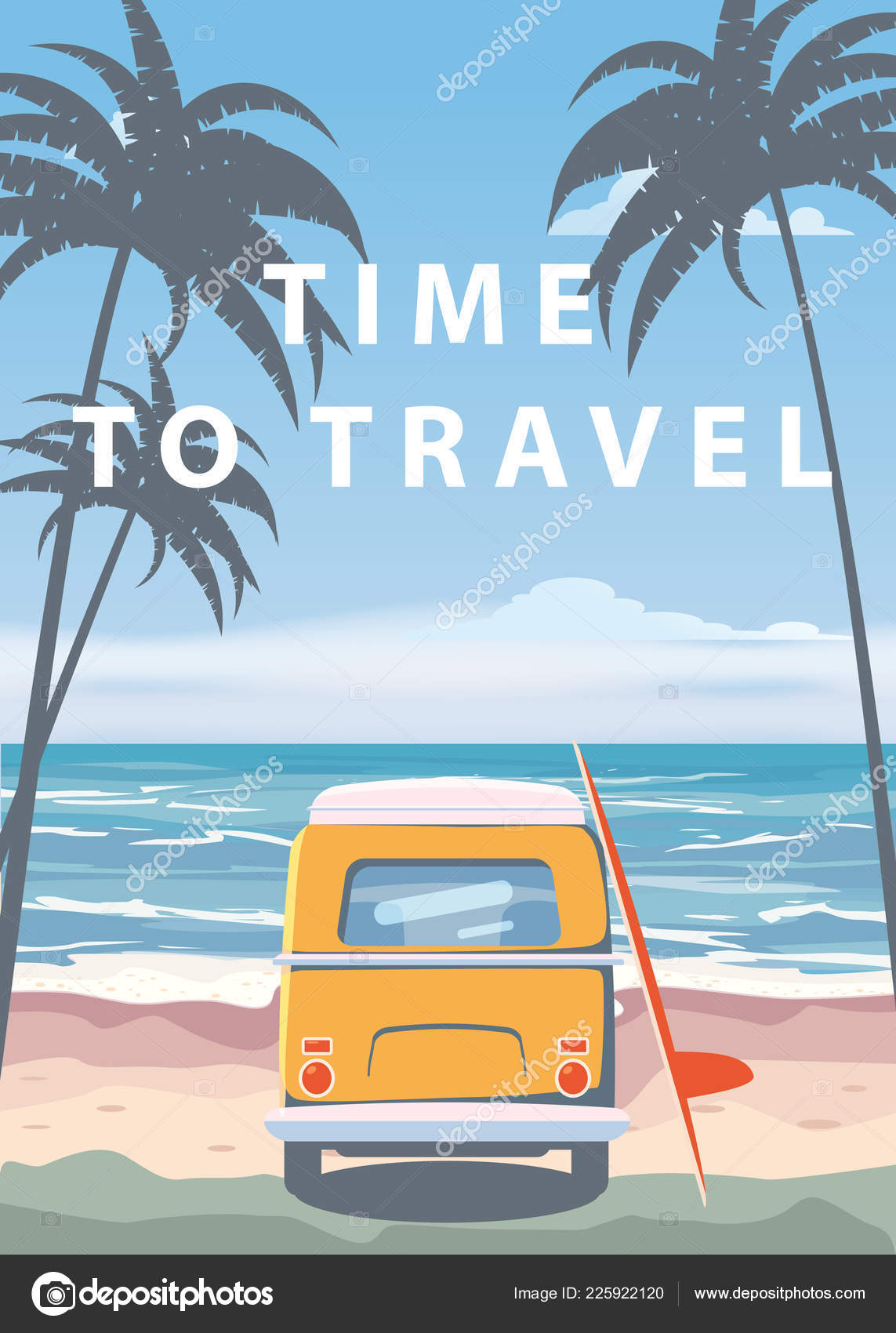여행, 여행 벡터 일러스트 레이 션입니다. 바다, 바다, 바다 경치 서핑 밴, 캠핑, 해변에 버스입니다. 여름 휴일입니다. 도 여행,  레트로, 빈티지에 바다 배경. 관광의 개념, 만화 스타일, 절연 스톡 벡터 - ©ValeriHadeev, image size:1143x1700