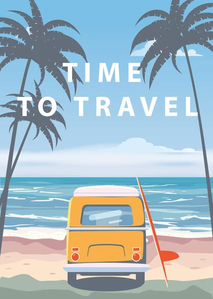 Travel, trip vector illustration. Ocean, sea, seascape. Surfing van, camper, bus on beach. Summer holidays. Ocean background on road trip, retro, vintage. Tourism concept, cartoon style, isolated — Stock Vector