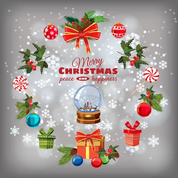 Tarjeta de felicitación Set de Navidad con ramas de pino, decoraciones, caramelos, cintas, bola de nieve, cajas de regalos, bolas de Navidad. Elementos vectoriales realistas y endebles para el diseño de tarjetas de felicitación, pancartas — Vector de stock
