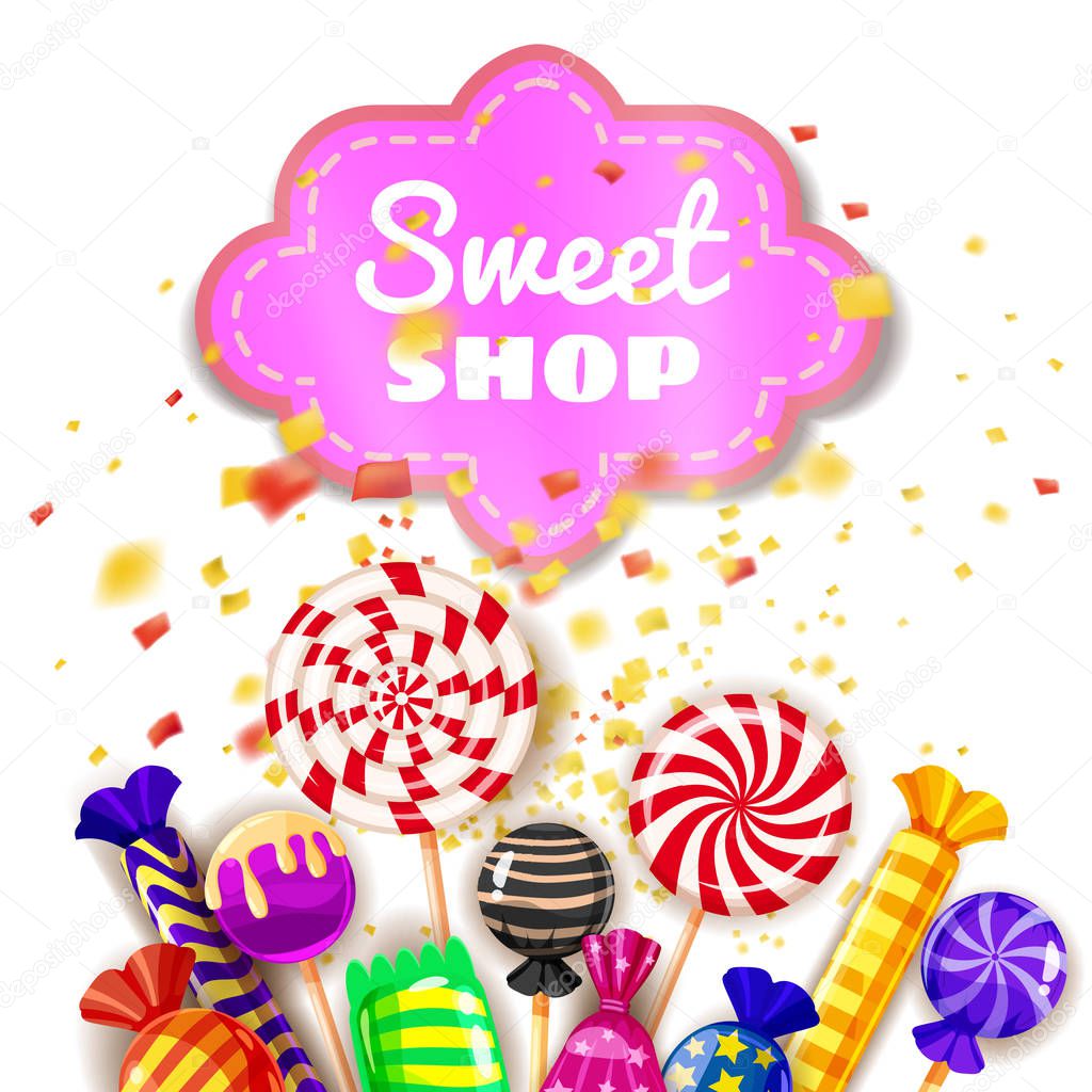 Candy Sweet Shop background set of different colors of candy, candy, sweets, candy, jelly beans. The explosion of confetti, the rays of light, holiday, Christmas. Template, poster, banner, vector