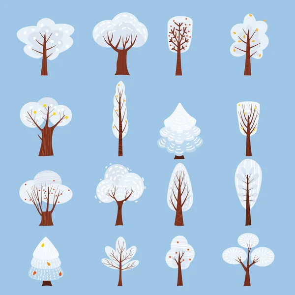 Verzameling van geïsoleerde Winter boom versieren gestileerd, sneeuw, naakte. Vector, cartoon stijl, geïsoleerd, sjabloon in cartoon stijl voor uw ontwerp. — Stockvector