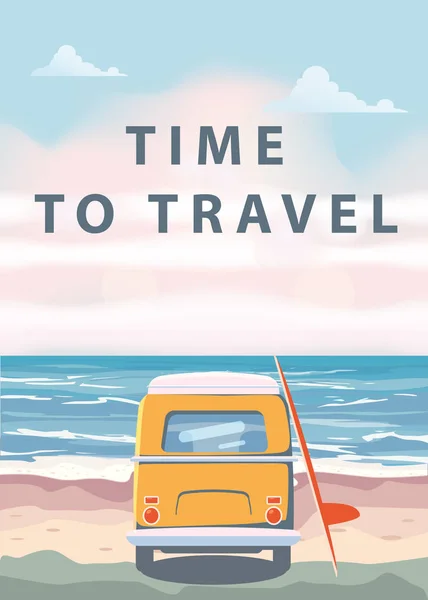 Travel, trip vector illustration. Ocean, sea, seascape. Surfing van, camper, bus on beach. Summer holidays. Ocean background on road trip, retro, vintage. Tourism concept, cartoon style, isolated — Stock Vector