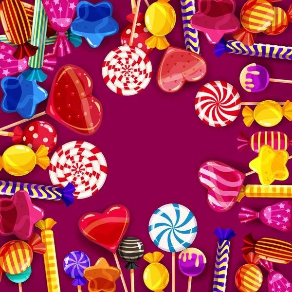 Candy bakgrund uppsättning olika färger av godis, godis, sötsaker, godis, gelé bönor. Mall, affisch, banner, vektor, isolerad, tecknad stil — Stock vektor