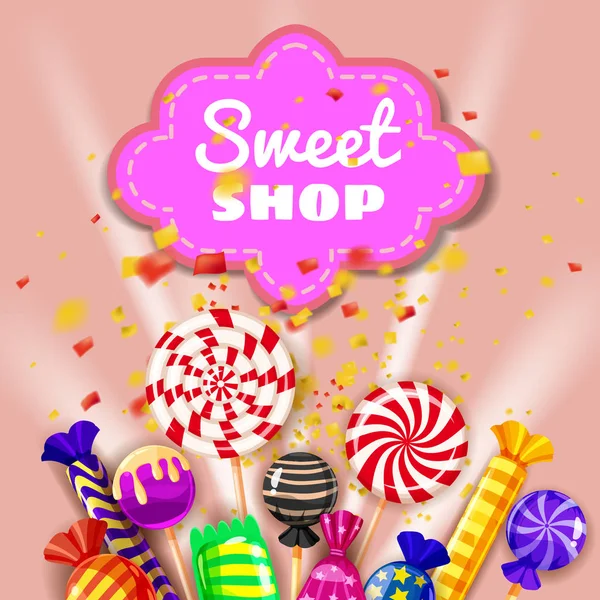 Candy Sweet Shop conjunto de fundo de diferentes cores de doces, doces, doces, doces, gomas. A explosão de confetes, os raios de luz, as férias, o Natal. Modelo, cartaz, banner, vetor — Vetor de Stock