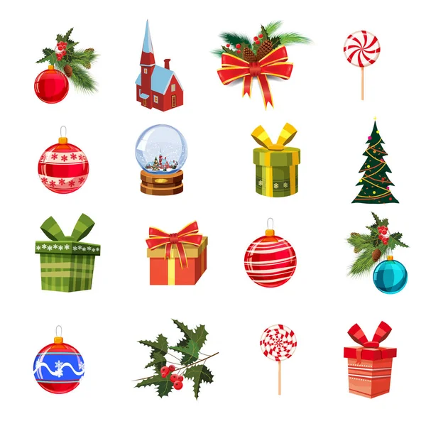 Christmas set with pine branches, decorations, candies, ribbons, boxes of gifts, cnow globe, pine, Christmas balls. Realistic, flimsy vector elements for design of greeting cards, banners, isolated — Stock Vector