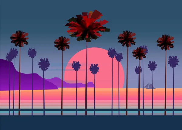 Vacances d'été route, plage tropicale Coucher de soleil, océan, mer, avec Palmiers, illustration vectorielle, affiche, baner, isolé — Image vectorielle