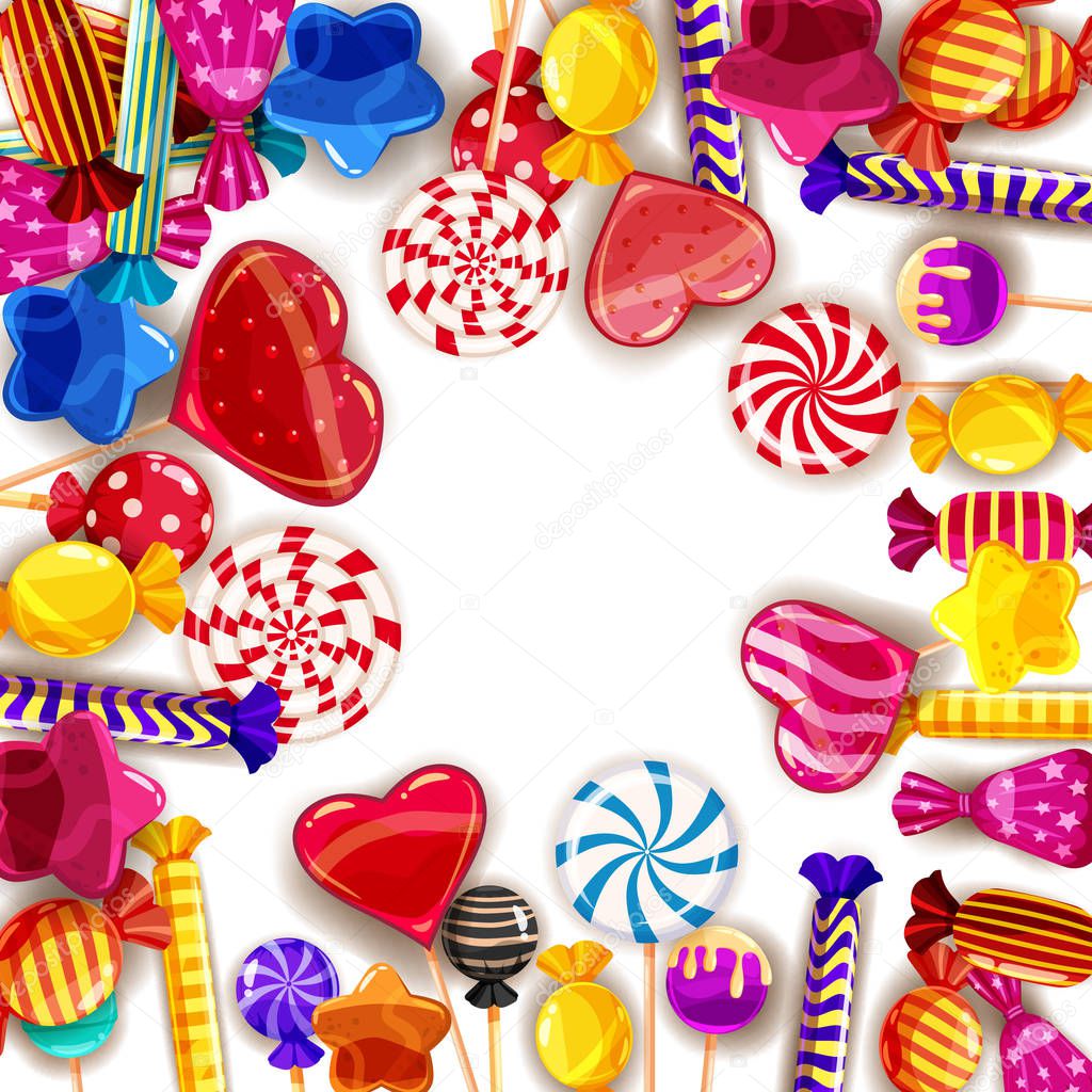 Candy background set of different colors of candy, candy, sweets, candy, jelly beans. Template, poster, banner, vector, isolated, cartoon style