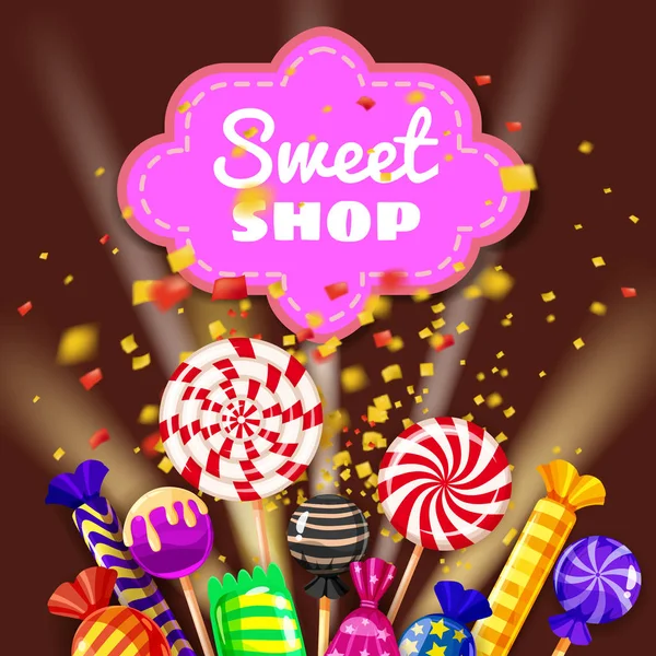 Candy Sweet Shop фоновый набор различных цветов конфет, конфет, сладостей, конфет, мармеладки. Взрыв конфетти, лучи света, праздники, Рождество. Шаблон, плакат, баннер, вектор — стоковый вектор