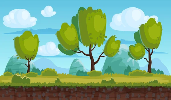 Hermoso paisaje rural, campos, árboles. Montañas de fondo, nubes. Para juegos, aplicaciones, animaciones, vector, aislado, estilo de dibujos animados — Vector de stock