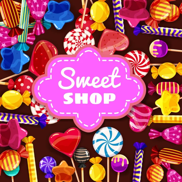 駄菓子菓子屋のバック グラウンドは、キャンディ、キャンディ、お菓子、キャンディ、ゼリー豆のさまざまな色の設定。テンプレート、ポスター、バナー、ベクトル、分離、漫画のスタイル — ストックベクタ